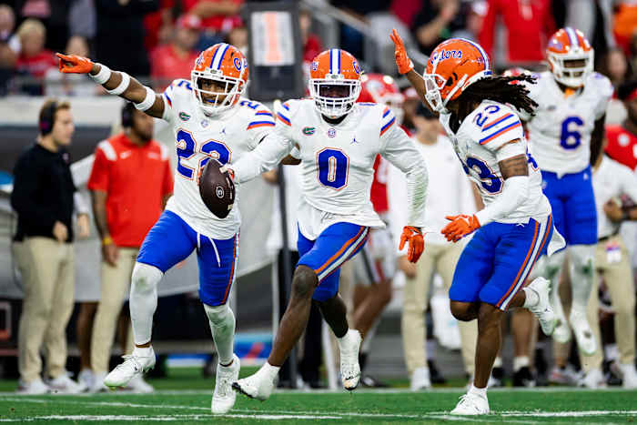 Safety Trey Dean (0) celebrates a turnover for Florida